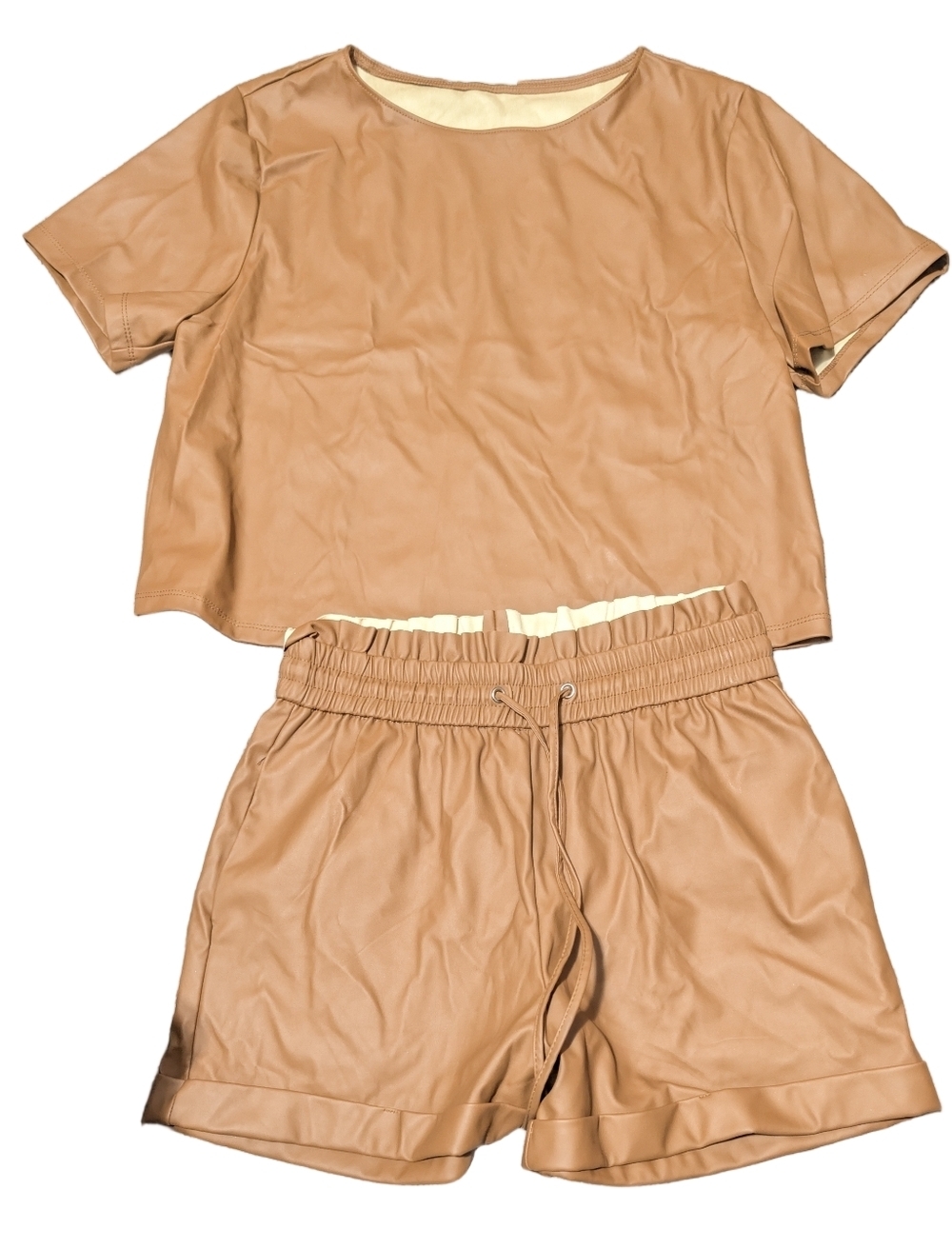 Zenana Faux Leather Lounge Set Brown Crop Top Shorts Set Women Medium - Picture 2 of 11